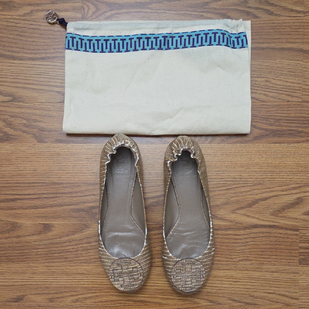 Tory Burch Reva Travel Ballet Leather Flats Lizard Print / 8.5